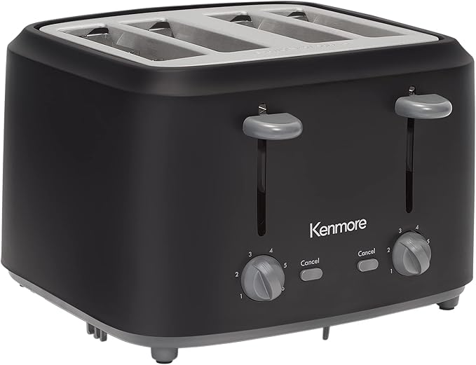 Kenmore 4-Slice Toaster with Dual Controls, Matte Black and Grey, Wide Slots, Self-Adjusting Bread Guides, Adjustable Browning, 6 Shade Settings, Toast, Bagels, Waffles, English Muffins, Small