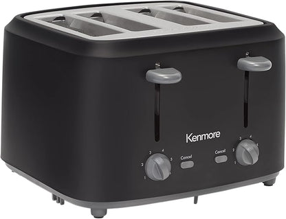 Kenmore 4-Slice Toaster with Dual Controls, Matte Black and Grey, Wide Slots, Self-Adjusting Bread Guides, Adjustable Browning, 6 Shade Settings, Toast, Bagels, Waffles, English Muffins, Small