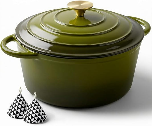 Miereirl 6 Quart Enameled Dutch Oven Pot with Lid, Cast Iron Dutch Oven with Dual Handles for Bread Baking, Cooking, Non-stick Enamel Coated Cookware, Golden Green