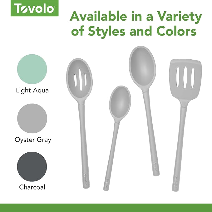 Tovolo Flex Core Silicone Slotted Deep Spoon for Cooking Mixing Baking, Dishwasher Safe BPA Free All Silicone Kitchen Spoon Utensil Heat Resistant Nonstick Safe Slotted Serving Spoon, Oyster Gray