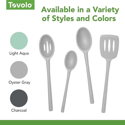 Tovolo Flex Core Silicone Slotted Deep Spoon for Cooking Mixing Baking, Dishwasher Safe BPA Free All Silicone Kitchen Spoon Utensil Heat Resistant Nonstick Safe Slotted Serving Spoon, Oyster Gray