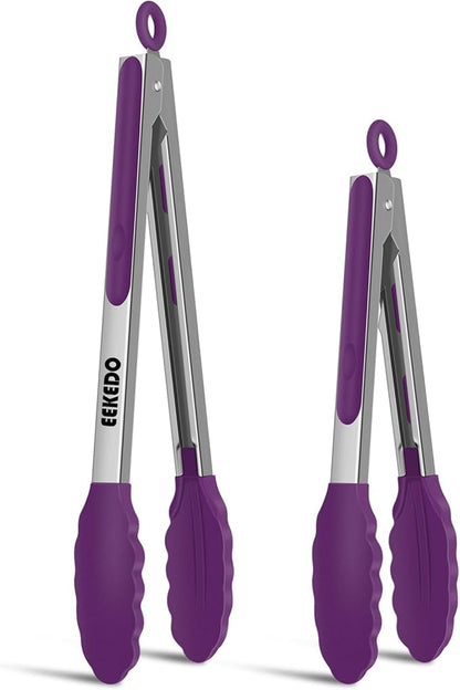 Tongs for Cooking, 600ºF High Heat-Resistant Stainless Steel Kitchen Tongs with Silicone Tips, Non Scratch, Locking Tong for BBQ Grilling Air Fryer Food Salads, Set of 2 (9" and 12") Purple