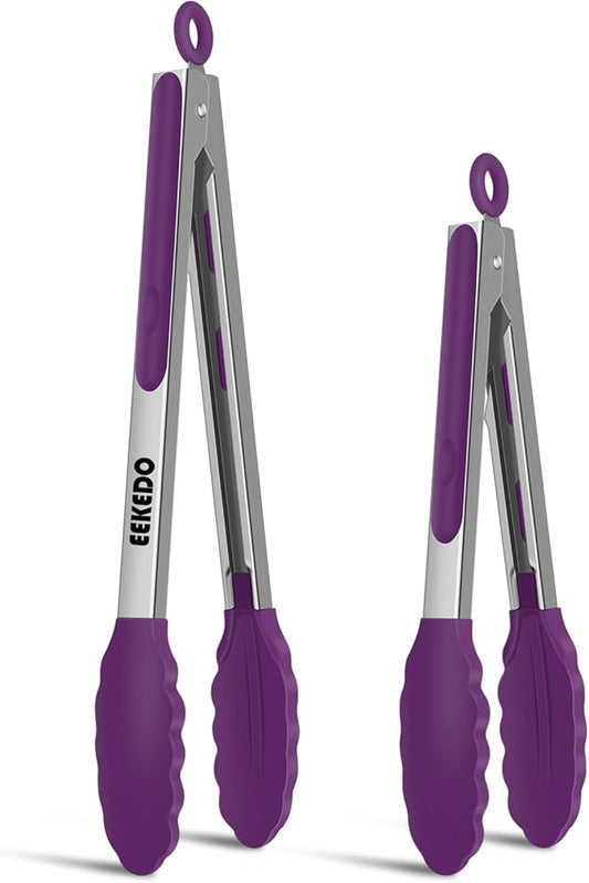 Tongs for Cooking, 600ºF High Heat-Resistant Stainless Steel Kitchen Tongs with Silicone Tips, Non Scratch, Locking Tong for BBQ Grilling Air Fryer Food Salads, Set of 2 (9" and 12") Purple