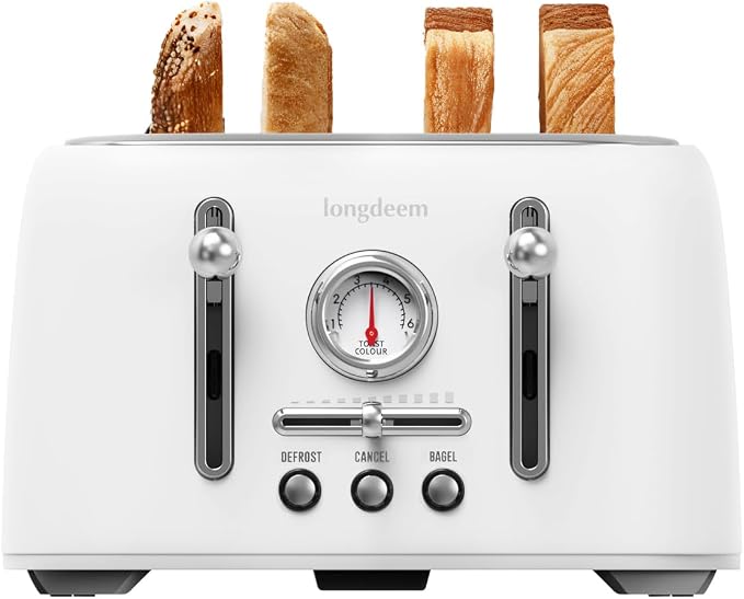 LONGDEEM 4-Slice Stainless Steel Toaster with 1.6" Wide Slots, Retro Bagel Toaster with 6 Browning Levels, Defrost/Bagel/Cancel, Removable Crumb Tray, White
