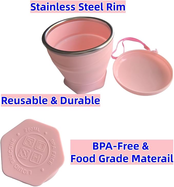 Collapsible Cup, 8.8oz 260ml Foldable Travel Mini Coffee Mug, BPA Free Silicone Water Cup and Lid with Stainless Steel Rim, Portable Pocket Cup for Outdoor, Hiking, Camping & Kids （Pink）