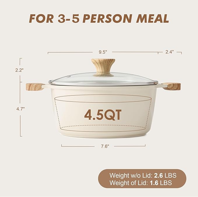 SENSARTE Ceramic Nonstick Stock Pot with Lid, 4.5 Quart Induction Cooking Pot with Tempered Glass Lid, Stew Pot for Soup and Oatmeal, Pasta Casserole, PFOA PFAS PTFE Free, Creamy White