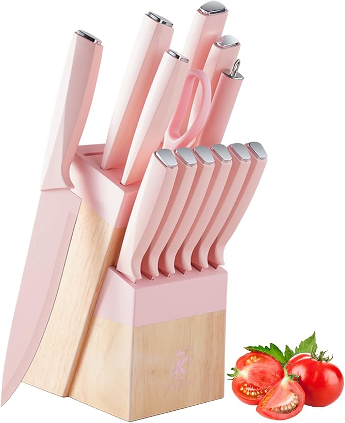 Pink Knife Set with Wood Block, 14-Piece Aesthetic Kitchen Knife Sets for Women,Non Rust Sharp Stainless Steel Knives With Sharpener,Gifts for Modern Kitchen Decor