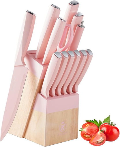 Pink Knife Set with Wood Block, 14-Piece Aesthetic Kitchen Knife Sets for Women,Non Rust Sharp Stainless Steel Knives With Sharpener,Gifts for Modern Kitchen Decor