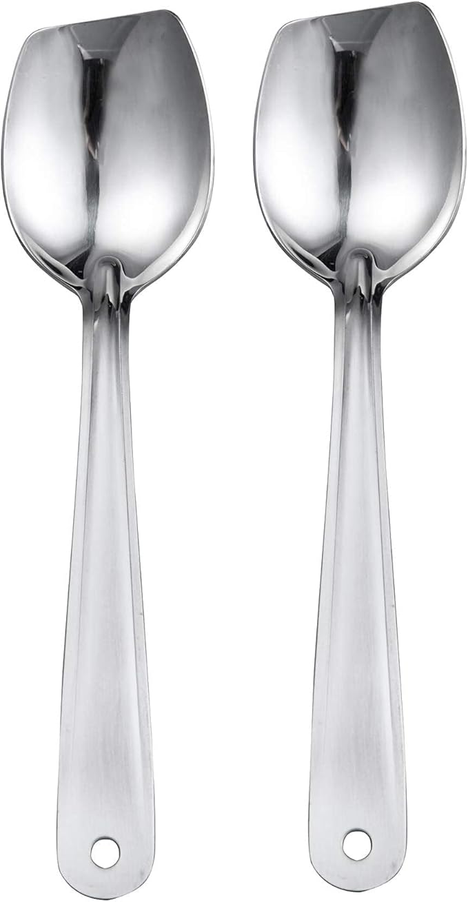 IMEEA 10-Inch Flat Bottom Solid Cooking Spoon Set of 2, 18/8 Stainless Steel Scraping Spoon for Stirring, Roux, Sauces, Cast Iron & Skillet Cooking