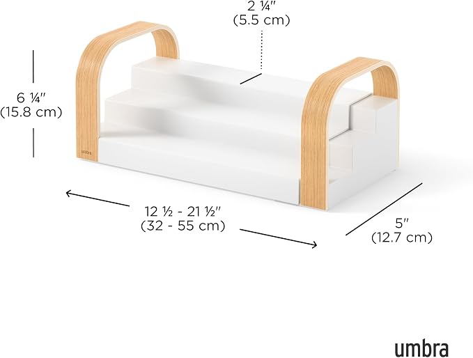 Umbra Bellwood Three-Tier Spice Shelf, Expandable Design Made of Durable Plastic and Wood, Natural/White