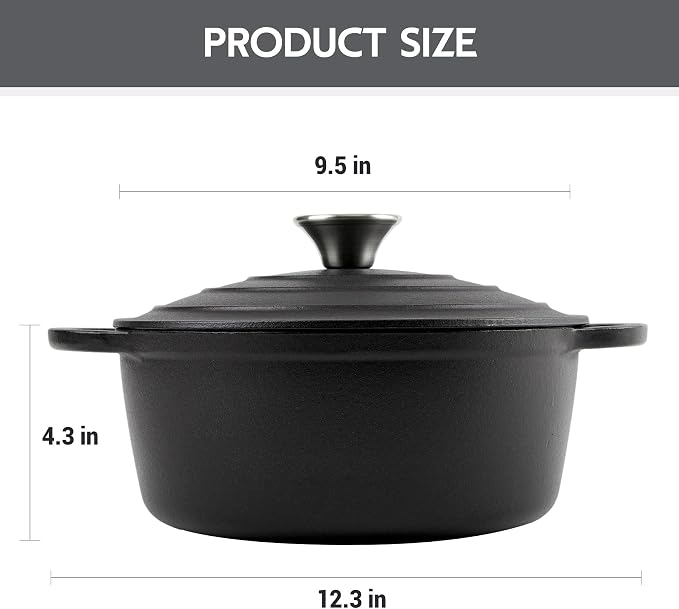 4 Quart Dutch Oven Enameled Cast Iron with Lid - Big Dual Handles - Oven Safe up to 500°F - Classic Round Pot for Versatile Cooking Matte Black(No Enameled
