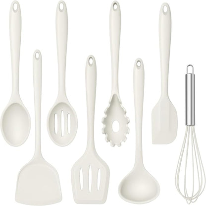 TeamFar Silicone Cooking Utensils Set, 8 PCS Kitchen Utensils Set, 446°F Heat Resistant, Turner, Spatula, Spoon, Whisk, Kitchen Cooking Gadgets Tools for Nonstick Cookware, Dishwasher Safe-White