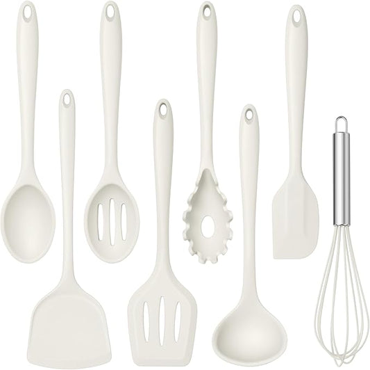 TeamFar Silicone Cooking Utensils Set, 8 PCS Kitchen Utensils Set, 446°F Heat Resistant, Turner, Spatula, Spoon, Whisk, Kitchen Cooking Gadgets Tools for Nonstick Cookware, Dishwasher Safe-White