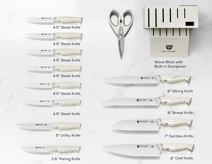 BRODARK Kitchen Knife Sets with Block and Built-in Sharpener - Ultra Sharp15 Pcs Full Tang Professional Chef Knife Set, High Carbon Super Stainless Steel Cutlery Set, Gift for men women, Ivory Series