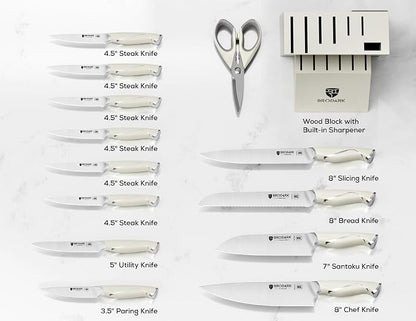 BRODARK Kitchen Knife Sets with Block and Built-in Sharpener - Ultra Sharp15 Pcs Full Tang Professional Chef Knife Set, High Carbon Super Stainless Steel Cutlery Set, Gift for men women, Ivory Series