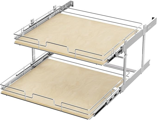 ROOMTEC 2 Tier Individual Pull Out Cabinet Organizer 28½"W x 21½"D, Slide Out Wood Shelves Organizers, Pull Out Drawers Organization and Storage for Kitchen Cabinet