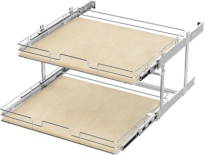 ROOMTEC 2 Tier Individual Pull Out Cabinet Organizer 31½"W x 21½"D, Slide Out Wood Shelves Organizers, Pull Out Drawers Organization and Storage for Kitchen Cabinet