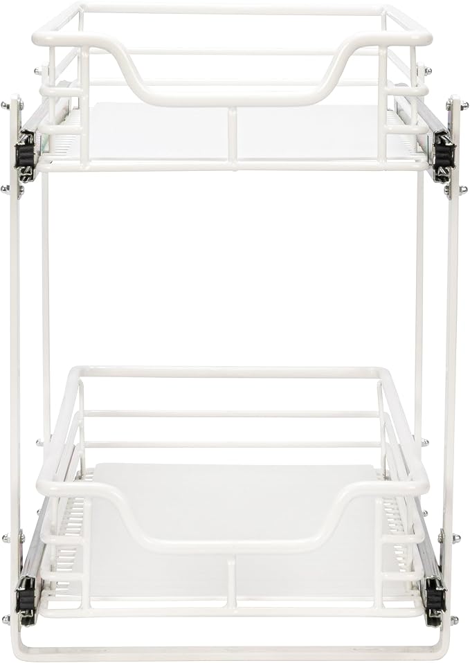 Household Essentials White Powder-Coated Steel Dual-Tier Slide Organizer with Plastic Accents