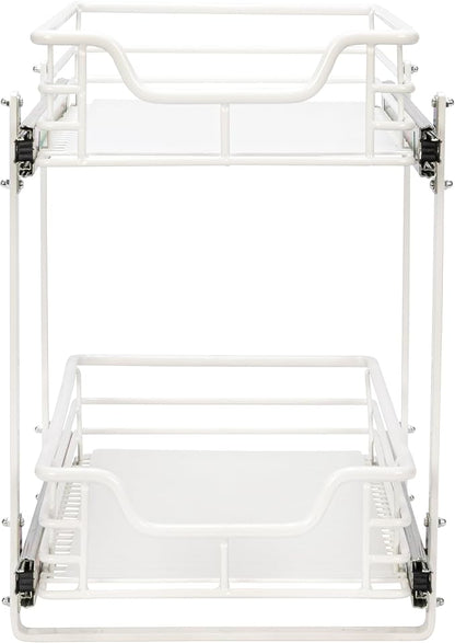 Household Essentials White Powder-Coated Steel Dual-Tier Slide Organizer with Plastic Accents