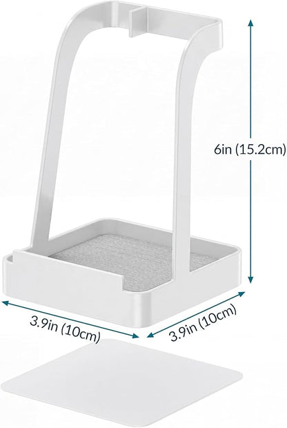 NiHome White Pot Lid Holder with Light Gray Diatomite Tray, Non-Slip Silicone Pad, Powder-Coated Iron Stand for Lids, Utensils & Cutting Boards, Compact 3.9" × 3.9" × 6" Kitchen Organizer (White)