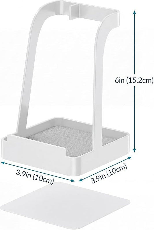 NiHome White Pot Lid Holder with Light Gray Diatomite Tray, Non-Slip Silicone Pad, Powder-Coated Iron Stand for Lids, Utensils & Cutting Boards, Compact 3.9" × 3.9" × 6" Kitchen Organizer (White)