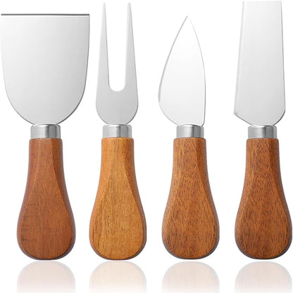 YUANQIAN Cheese Knife Set with Acacia Wood Handles - Cheese Knife, Spreader, Fork, Slicer - Mini Stainless Steel Cheese Tools for Charcuterie Boards (4Pcs/Set, S)
