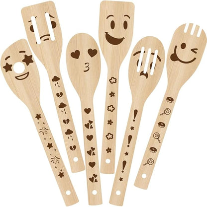 6Pcs 6 Styles Funny Wood Spoon Set for Cooking 2.4 x 11.8 Inch Durable Spatula, Smile Faces Bamboo Kitchen Utensils for Housewarming Wedding Anniversary Thanksgiving Birthday Gifts Use