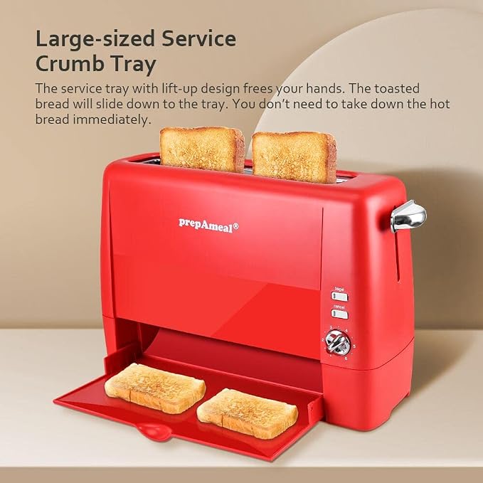 Long Slot Toaster 2 Slice Toaster with 6 Shade Settings, Bagel/Cancel, Extra Wide Slots, Removable Crumb Tray, for Bagels, Waffles, Breads, Puff Pastry, Snacks (2-Slice, Red)