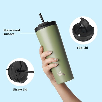 Konokyo 26 OZ Insulated Tumbler with Lid and 2 Straws Stainless Steel Water Bottle Vacuum Travel Mug Coffee Cup,ArmyGreen