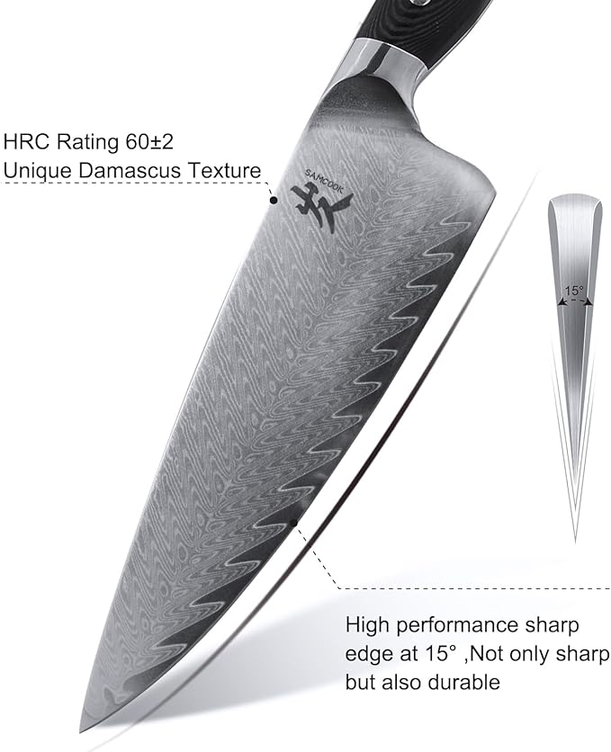SAMCOOK Damascus Chef Knife - 8 Inch Professional Sharp Kitchen Knife - Japanese VG-10 High Carbon Stainless Steel Gyuto Cooking knife - Ergonomic Micarta Wood Handle with Gift Box