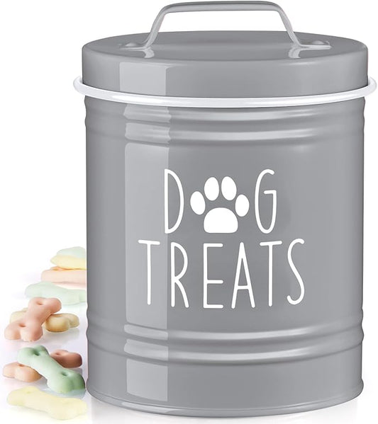 OUTNILI Small Dog Treat Container Airtight - 6" Tall X 4.9" Round Gray Dog Treat Jar for Kitchen Counter - Rustic Treat Storage Canister for Dogs, Cats, Small Animals - Gifts for Pet Owners