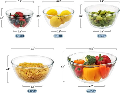 Cuiselect 5pc Glass Mixing Bowls with Lids Set (4.65QT, 2.80QT, 1.64QT, 1.16QT, 0.85QT), Nesting Salad Bowl, Large Glass Mixing Bowl for Cooking, Baking, Prepping-Dishwasher Microwave Freezer Safe