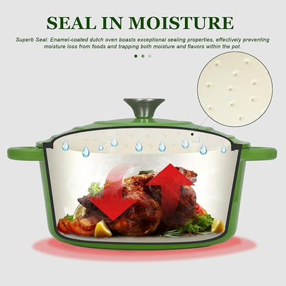 Overmont Enameled Cast Iron Dutch Oven - 5.5QT Pot with Lid Cookbook & Cotton Potholders - Heavy-Duty Cookware for Braising, Stews, Roasting, Bread Baking Green