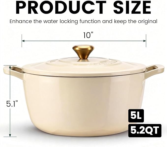 Enameled Cast Iron Dutch Oven - JINCHUFURI Cast Iron Dutch Oven with Lid 5 Quart enamel dutch ovens Pot Heavy-Duty Cookware for Sourdough Bread Baking,Stews, Roasting,Braising(white)