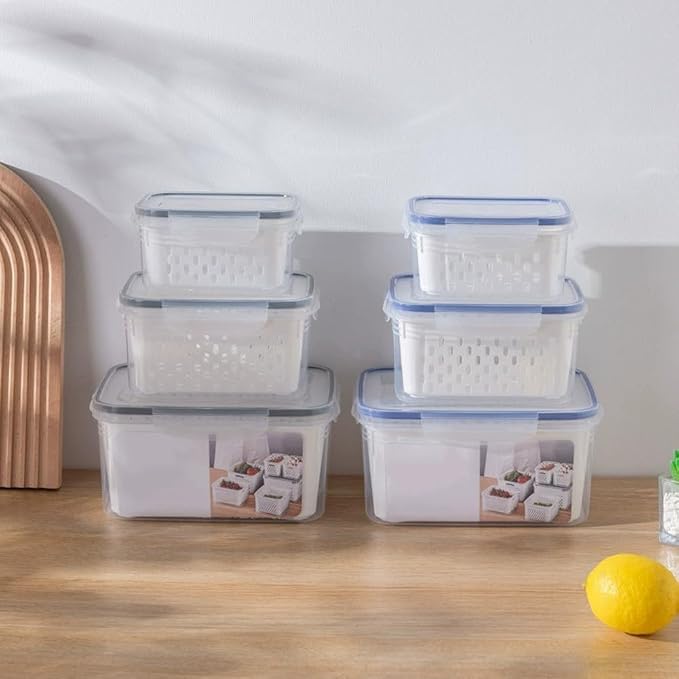 Multi-Functional Kitchen Sealed and Drainable Food Storage Container with Lid, 4 in 1 Produce Keeper with Basket, Freshness Preservation for Refrigerator or Pantry, 18x13x10cm and 22x16x12cm(S+M+L)