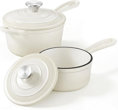 2 Pcs Enameled Sauce Pan with Lid, Leonyo 1 Qt & 2 Qt Cast Iron Saucepan Set, Small Bread Dutch Oven Pots for All Kitchen Cooktops Cooking Pasta, Milk, Soup - Up to 500°F, Cream White