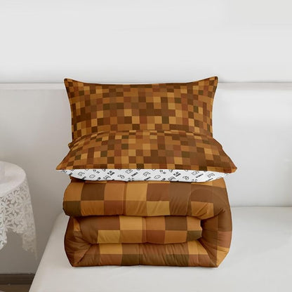 Manfei Pixelated Kids Comforter Toddler Size,Miners Lattice Games Quilt Set for Kids Boys Girls Bedroom Decor,Abstract Simple Grid Bedding Set,Brown Duvet Insert,1 Pillowcase