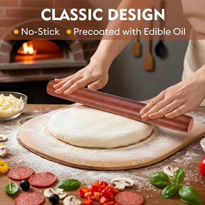 17.1 Inch Straight Rolling Pin – Smooth One-Piece Wooden Dough Roller for Baking, Cookies, Pizza Dough & Pastry