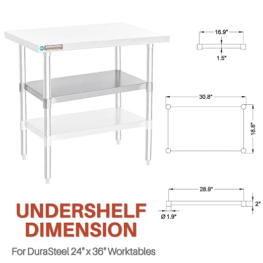 DuraSteel Galvanized Under Shelf for Work Tables - Extra Adjustable Lower Shelf for 24" x 36" Stainless Steel and Wooden Worktables - Fits for use in Restaurant, Warehouse, Home, Kitchen, Garage
