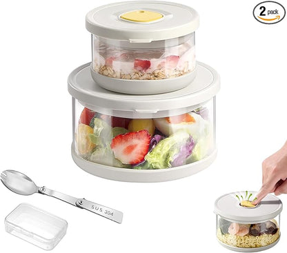SAYAPE Glass Food Storage Containers with Airtight Lids, 33.8oz & 11.8oz High-Borosilicate Glass Meal Prep Containers with Spork, Bento Lunch Boxes for Salad, Ramen, Soup, Fruit - 2 Pack, White
