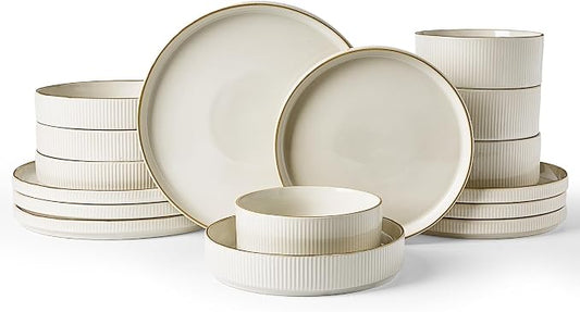 Famiware Star 16-Piece Stoneware Dinnerware Sets with Trim, Service for 4 - Shallow Pasta Bowls & Flat Plates, Modern Rustic Ribbed Dishes, Chip & Scratch Resistant, Microwave & Dishwasher Safe, White