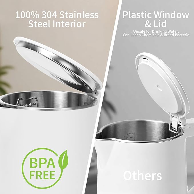 Electric Kettle 1.7L, Seamless Inner Pot, Double-Walled Design, BPA-Free, Tea, Coffee & Hot Water Boiler, Dual-Angle Lid Opening, Auto Shut-Off & Boil-Dry Protection, 304 Stainless Steel, 1000W