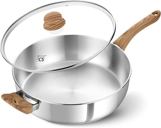 KOCH SYSTEME CS 12 Inch Stainless Steel Saute Pan with Lid, 6 Quart Deep Frying Pan, 18/10 Stainless Steel Saute Pan with Cool-Touch Bakelite Handle, Deep Fry Pan, Induction Ready