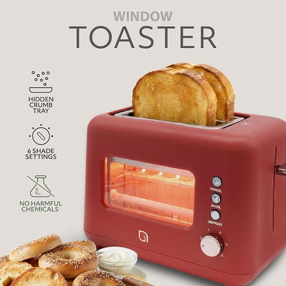 WILLOW Eco Series 2 Slice Toaster with Clear-View Window, 6 Shade Settings, 900W Retro Toaster with Extra Wide Slots, Bagel, Cancel, & Defrost Buttons, Toasters 2 Slice w Crumb Tray for Easy Cleanups