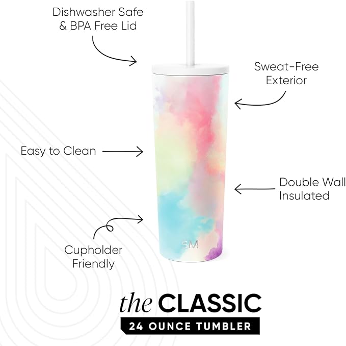 Simple Modern Classic Tumbler with Straw Lid | Insulated Iced Coffee Cup Reusable Stainless Steel Water Bottle Travel Mug | Gifts for Women Men Her Him | 24oz | Cotton Candy Tie Dye