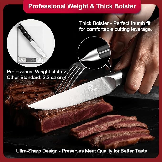 Steak Knives,4.5 Inch Steak Knives Set of 6, Micro-Cutting Point Serrated Edge, Very Sharp Steak Knife, Dishwasher Safe, 50CR15MOV Stainless Steel, Handle Ergonomic And Full Tang Design With Gift Box