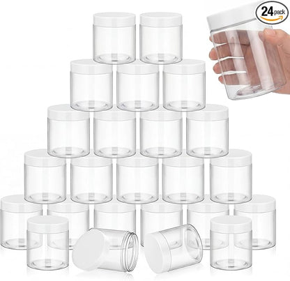 SATINIOR 24 Pieces Empty Clear Plastic Jars with Lids Round Storage Containers Wide Mouth for Beauty Product Cosmetic Cream Lotion Liquid Butter Craft and Food(White Lid,16 oz)