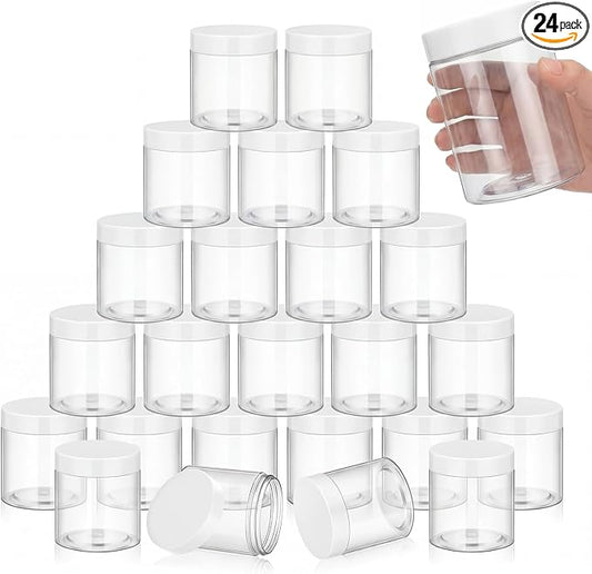 SATINIOR 24 Pieces Empty Clear Plastic Jars with Lids Round Storage Containers Wide Mouth for Beauty Product Cosmetic Cream Lotion Liquid Butter Craft and Food(White Lid,16 oz)