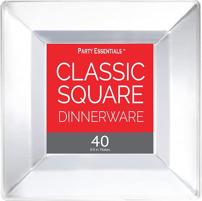 Party Essentials 40-Count Hard Plastic 9.5" Classic Square Lunch/Dinner Plates, Clear
