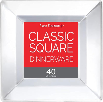 Party Essentials 40-Count Hard Plastic 9.5" Classic Square Lunch/Dinner Plates, Clear